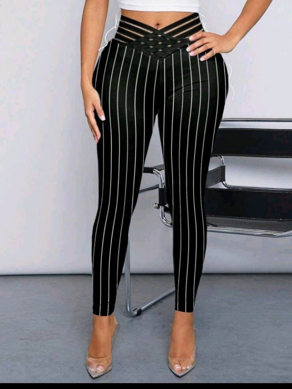 High-Waist Black Pinstripe Leggings with Crisscross Waist